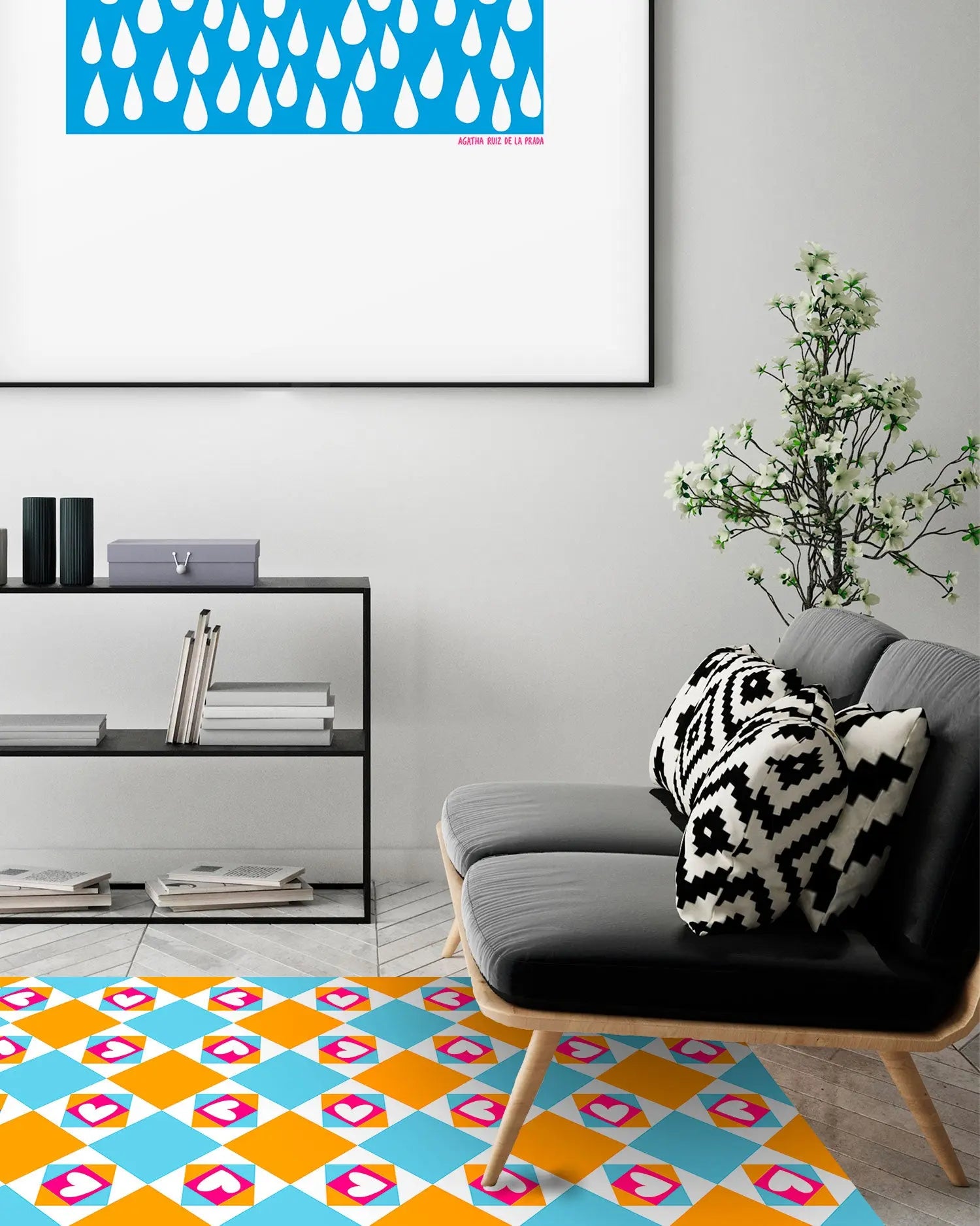 Alfombra Agatha Ruiz de la Prada Hidráulico Azul Baldosas Corazones Ladeados Home & Living 