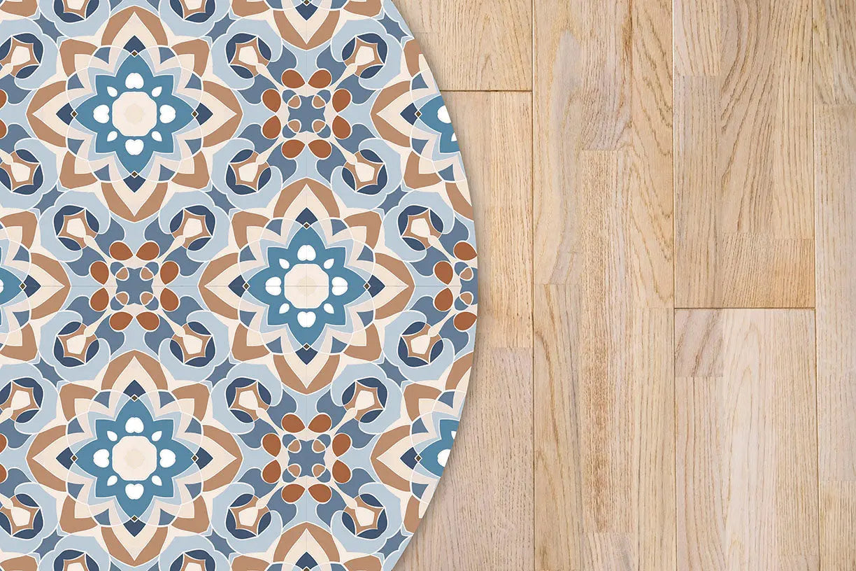 Alfombra Azulejo Oriental Floreada Azul Redonda freeshipping - Home and Living