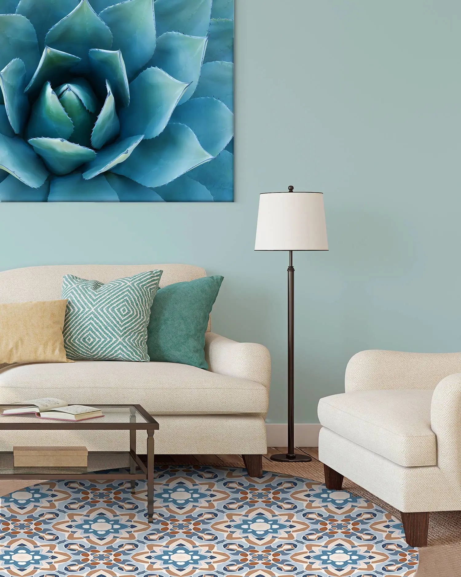 Alfombra Azulejo Oriental Floreada Azul Redonda freeshipping - Home and Living