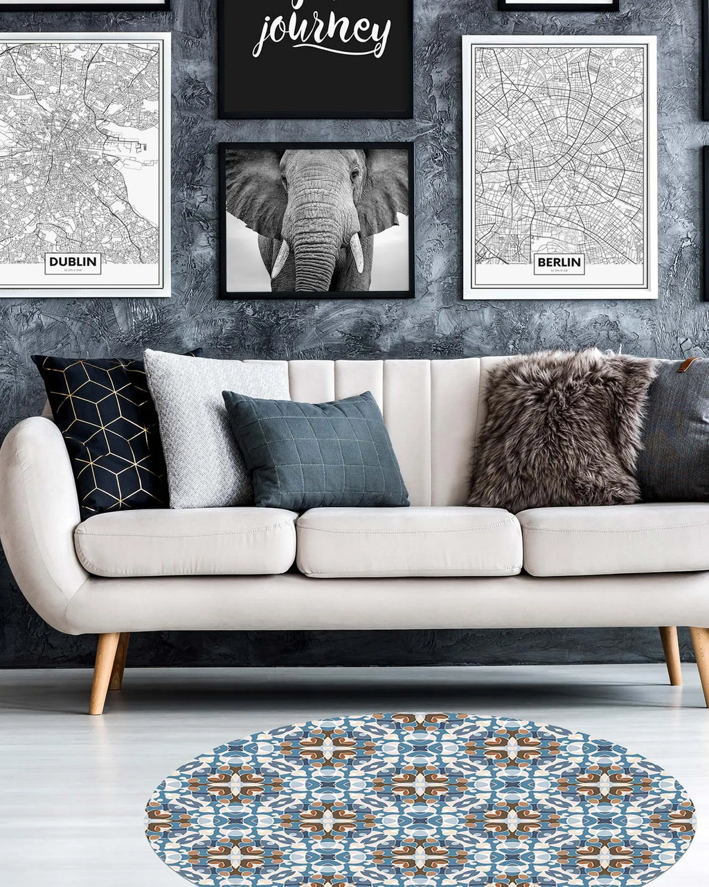 Alfombra Estilo Hidráulico Oriental Azul Redonda freeshipping - Home and Living