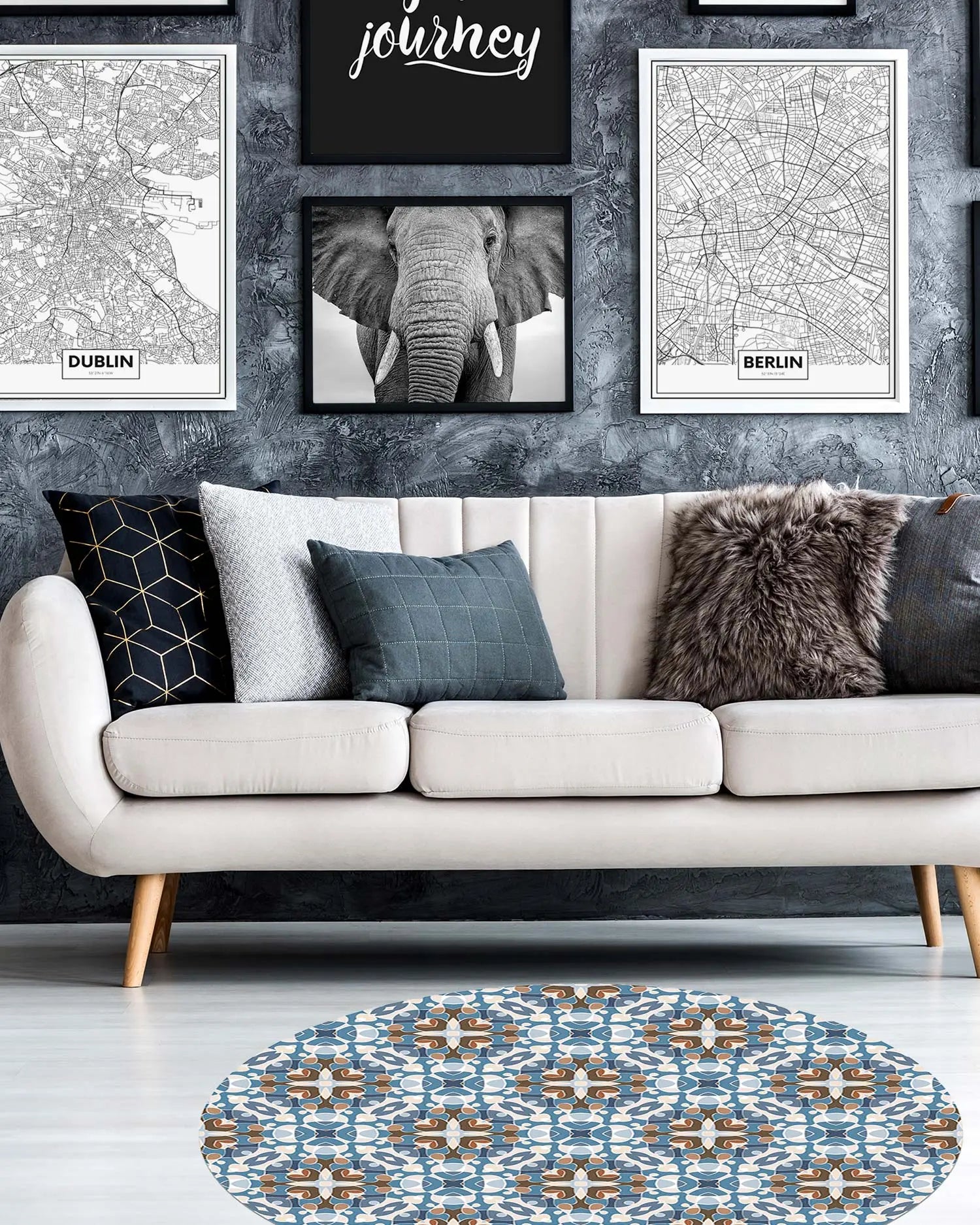 Alfombra Estilo Hidráulico Oriental Azul Redonda freeshipping - Home and Living